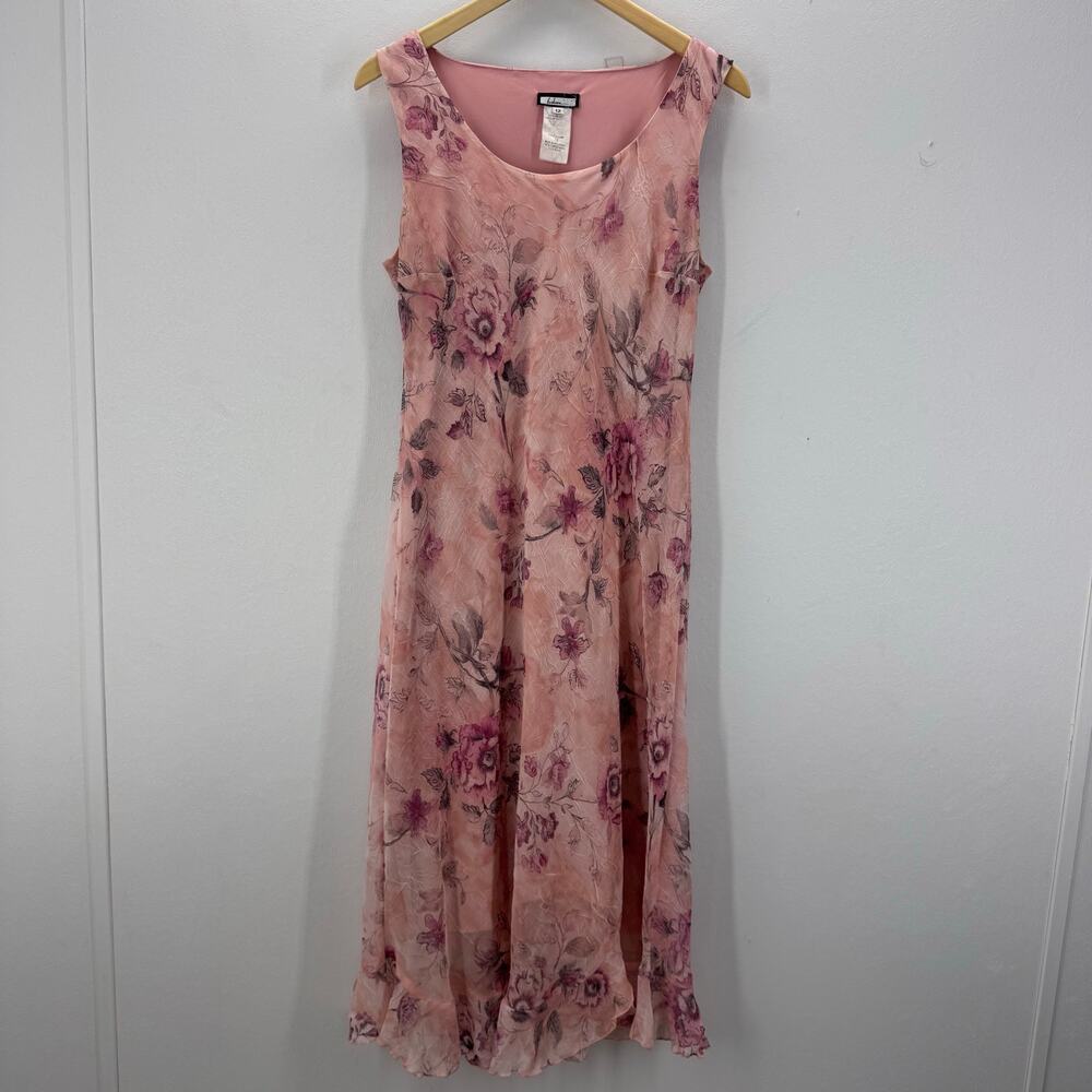 VTG Believe Ballet Pink Floral Fairy Garden Ruffle Midi Dress Romantic Y2K Sz 12